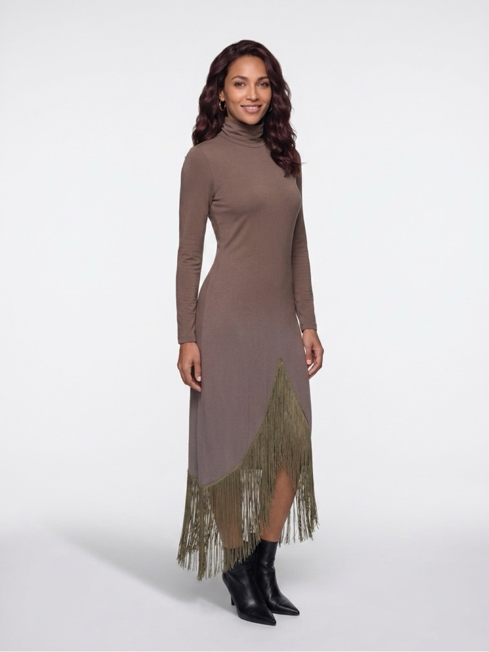 Vintage Lilli Diamond California Brown Fringe Turtleneck Midi Dress